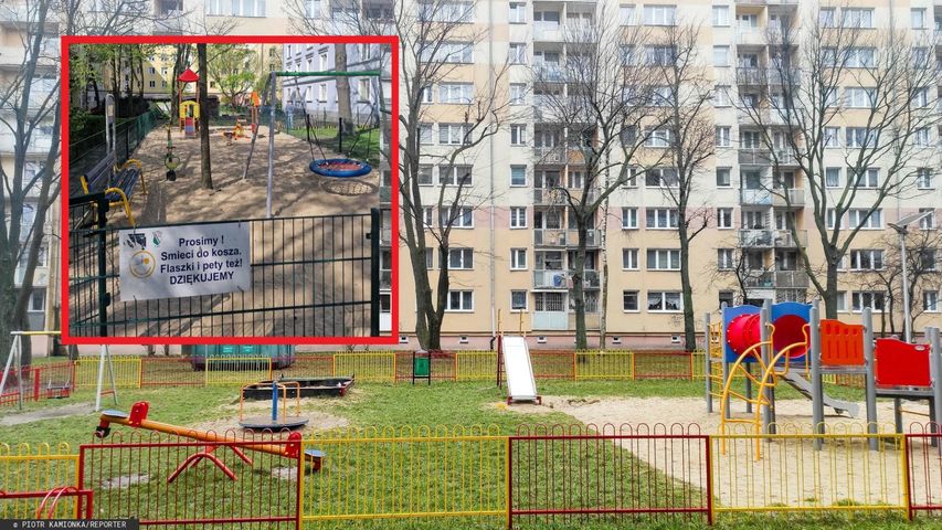 Osobliwe ogłoszenie na warszawskim placu zabaw. Tabliczka traktuje o "petach i flaszkach:"