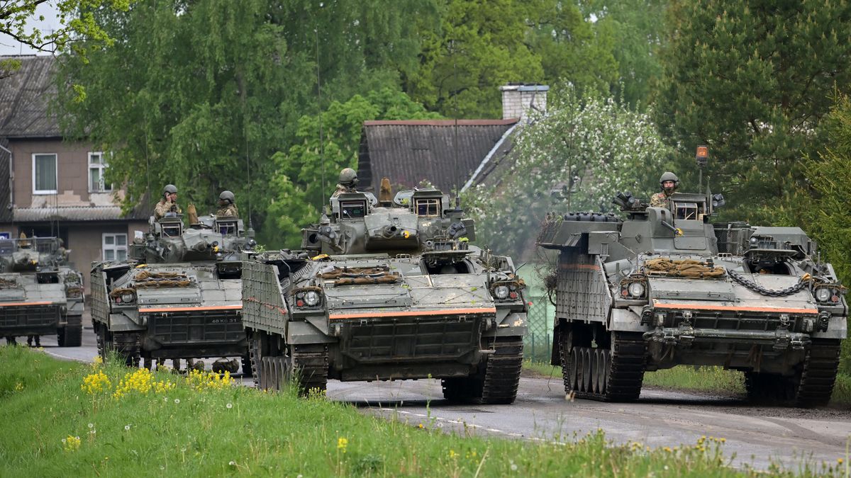 VORU, ESTONIA - MAY 26: Royal Tank regiment take part in maneuvers during NATO exercise Hedgehog on the Estonian Latvian border on May 26, 2022 in Voru, Estonia. Military personnel from fourteen countries sees fifteen thousand troops take part in one of the largest exercises to take part in the Baltics. Among them are British units from the Royal Tank regiment and Royal Welsh Battlegroup, UK military presence has doubled in Estonia in response to the Russian invasion of Ukraine. (Photo by Jeff J Mitchell/Getty Images)