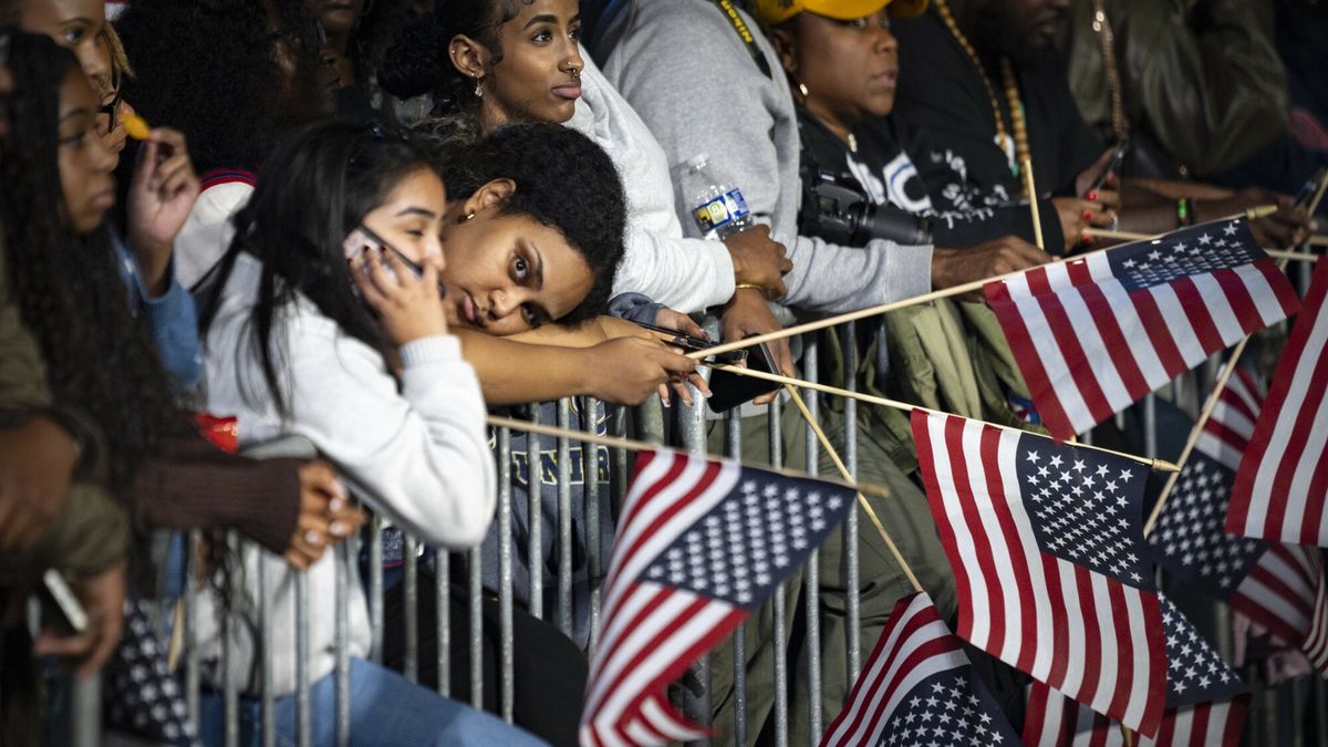 Temporary
Salma Yassin lays on the barricade as the polling results come in at Vice President Kamala Harris' election night event at Howard University in Washington, on Nov. 5, 2024. (Angelina Katsanis/POLITICO via AP Images)
Angelina Katsanis/POLITICO