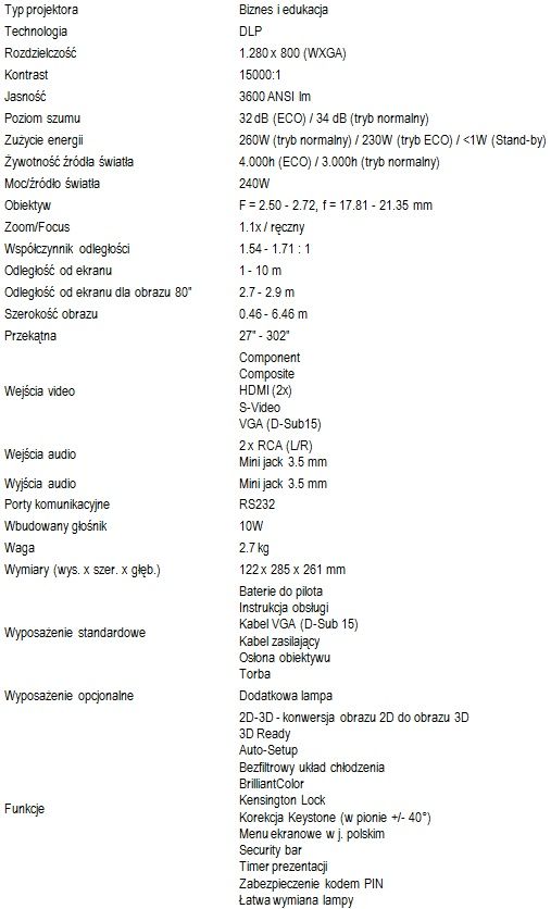 Vivitek D803W-3D projektor specyfikacja