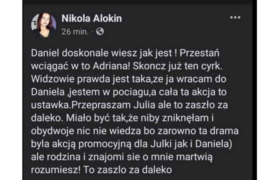 Nikola pisząca o tym, że drama to ustawka