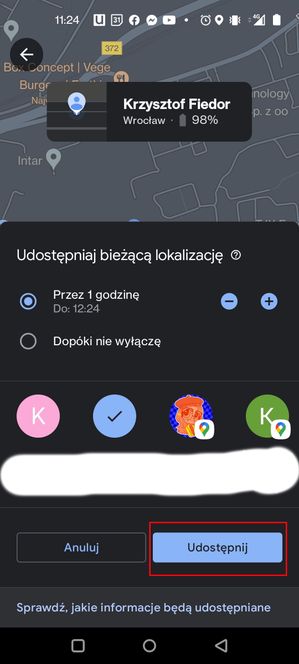 Google Maps: potwierdzamy klawiszem Udostępnij