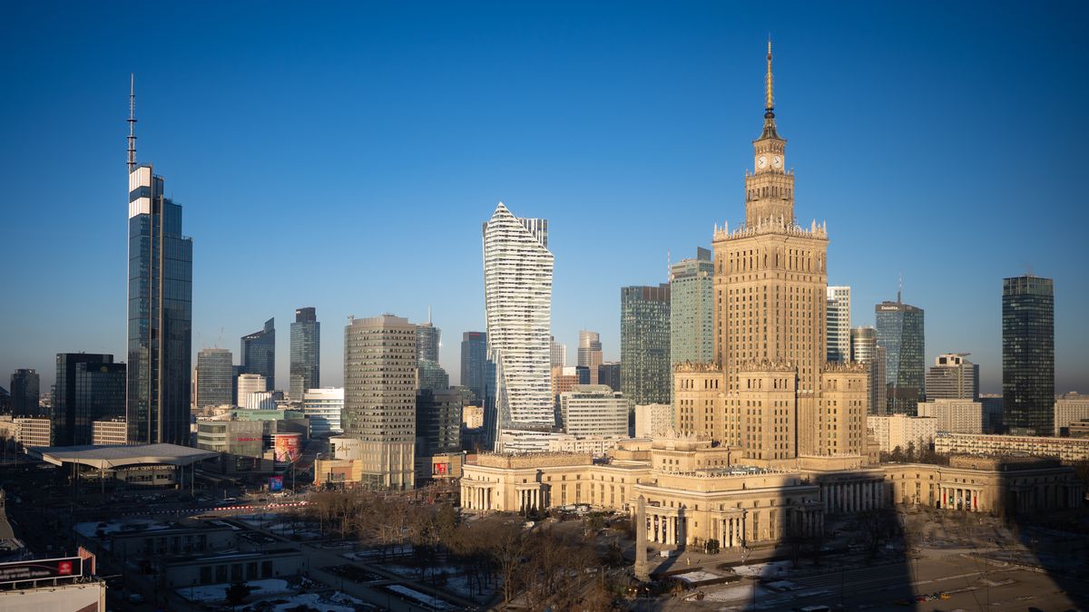 A wide winter morning panorama shows the Palace of Culture and Science at the center of a dense skyline composition, with Varso Tower, Skyliner, The Warsaw HUB, Warsaw UNIT, Zlote Tarasy, Zlota 44, Rondo 1, Cosmopolitan, and Q22 visible across central Warsaw, in Warsaw, Poland, on February 16, 2026. (Photo by Mateusz Wlodarczyk/NurPhoto via Getty Images)