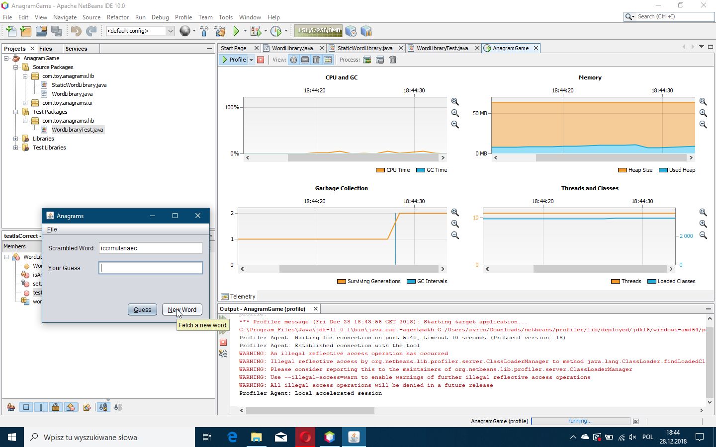 Widok profilowania prostej aplikacji w NetBeans 10.0