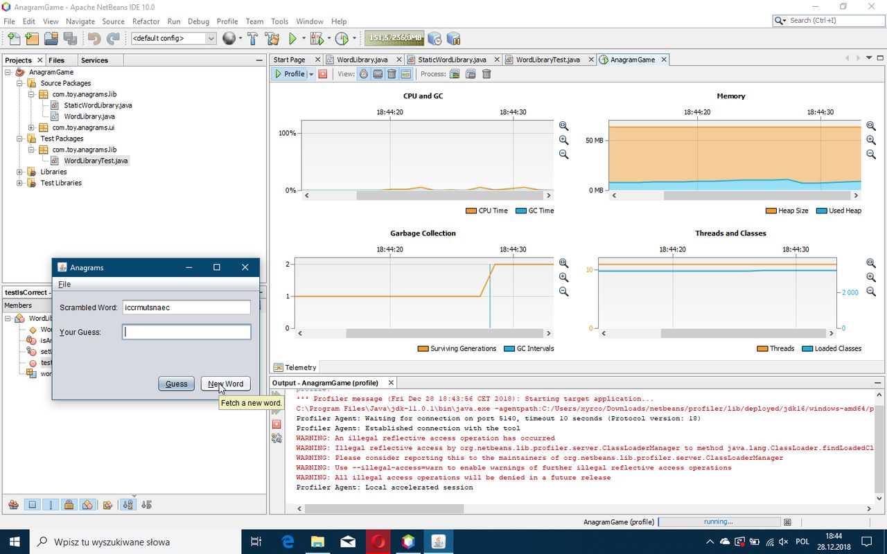 Widok profilowania prostej aplikacji w NetBeans 10.0