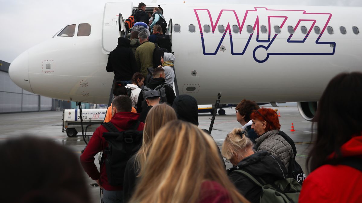 People board Wizz Air plane on the airport in Katowice, Poland on February 28, 2024. (Photo by Jakub Porzycki/NurPhoto via Getty Images)