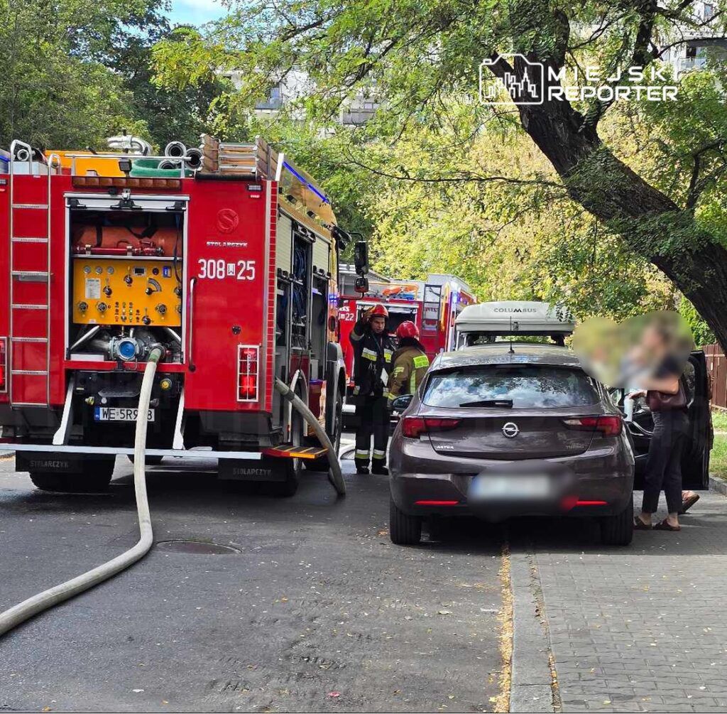 Strażacy przy wozie strażackim z wężami, interweniujący na ulicy obok zaparkowanego samochodu.
