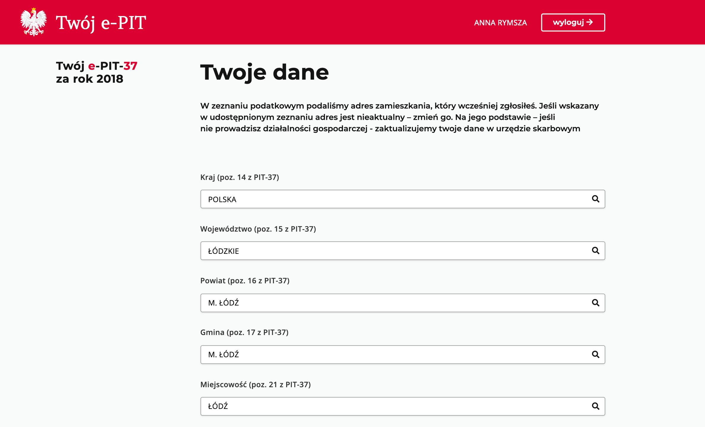 Formularz wyboru miejsca zamieszkania i właściwego urzędu skarbowego
