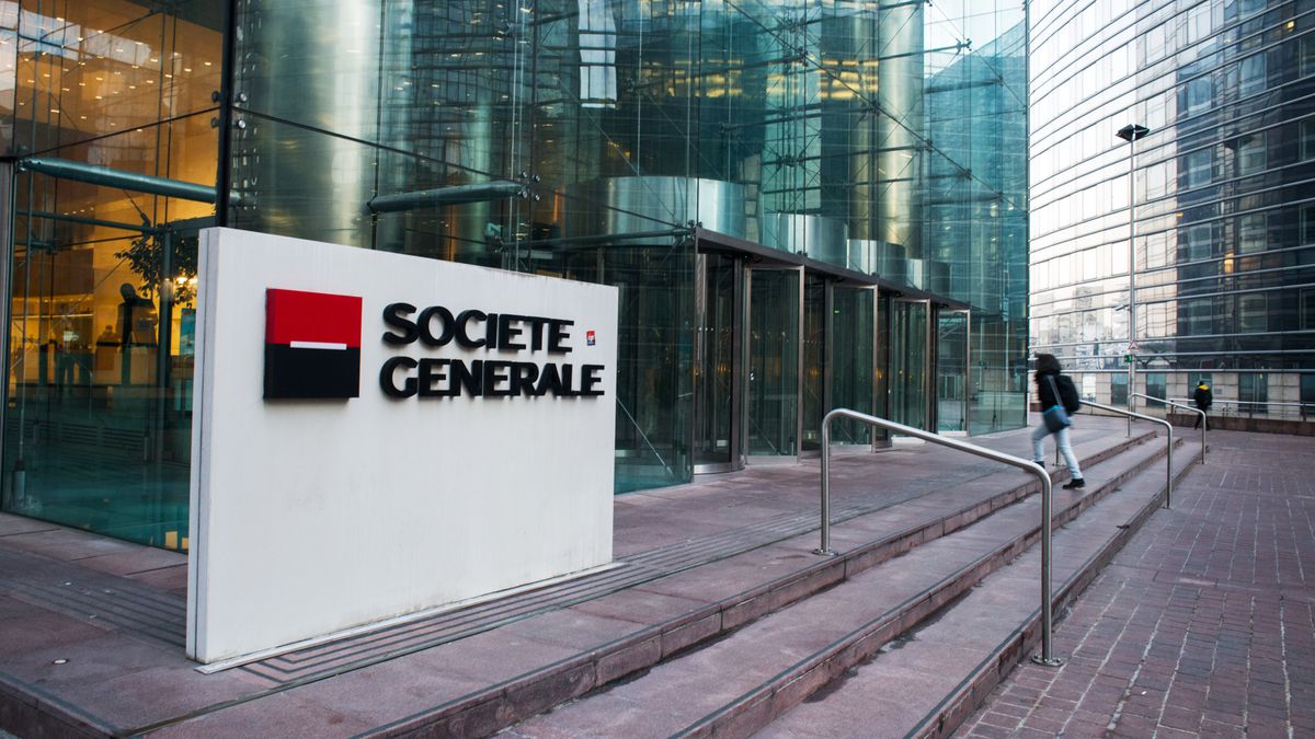 A sign for Societe Generale SA at the bank's headquarters in the La Defense business district of Paris, France, on Monday, Feb. 6, 2023. SocGen is scheduled to announce earnings on Feb. 8. Photographer: Nathan Laine/Bloomberg via Getty Images