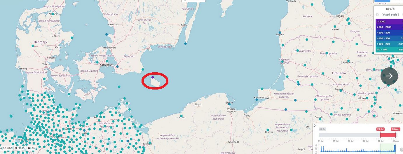Fioletowa kropka sygnalizuje wysoki poziom promieniowania na Gotlandii.