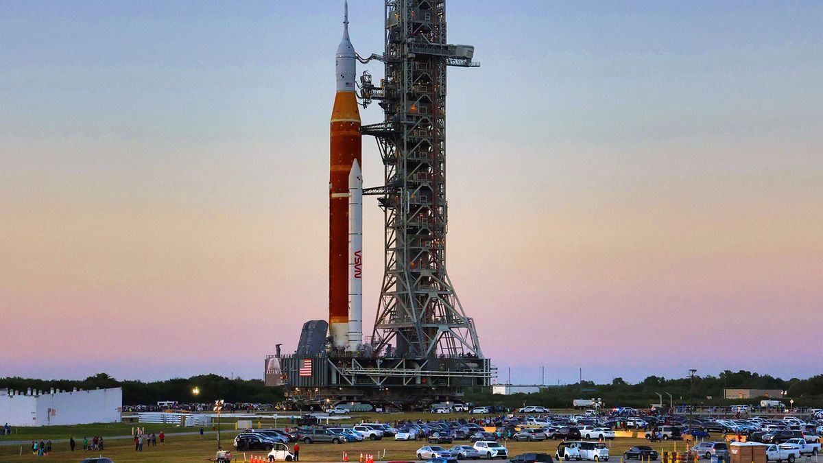 At Kennedy Space Center in Florida, NASAâs moon rocket for the Artemis 1 mission rolls to the launch pad on March 17, 2022. (Joe Burbank/Orlando Sentinel/Tribune News Service via Getty Images)