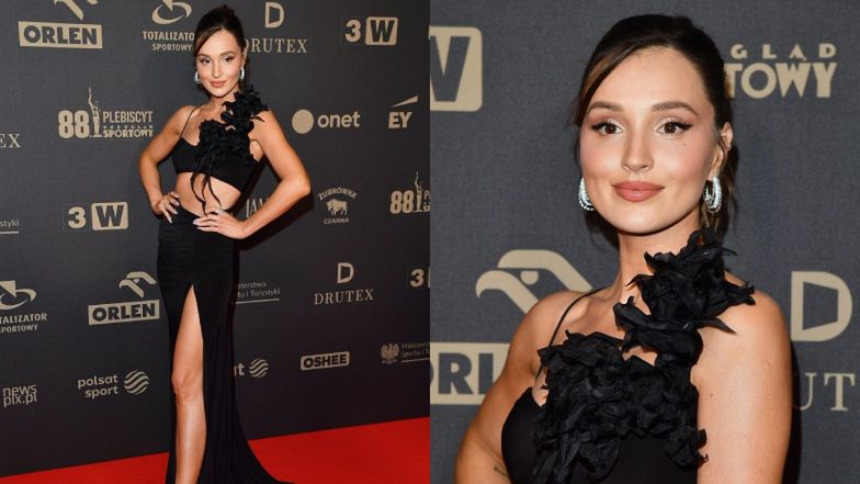 Gala Mistrzów Sportu. Marina Łuczenko z odsłoniętym brzuchem gra nogą na czerwonym dywanie (FOTO)