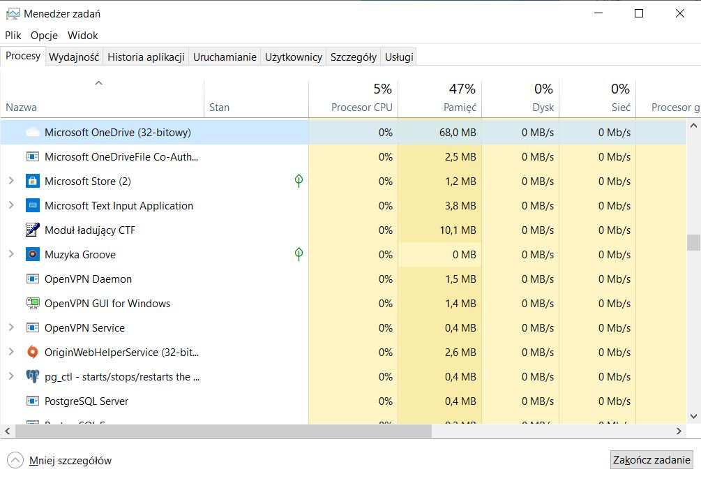 Microsoft OneDrive w Menedżerze zadań (tutaj wciąż 32-bitowy)