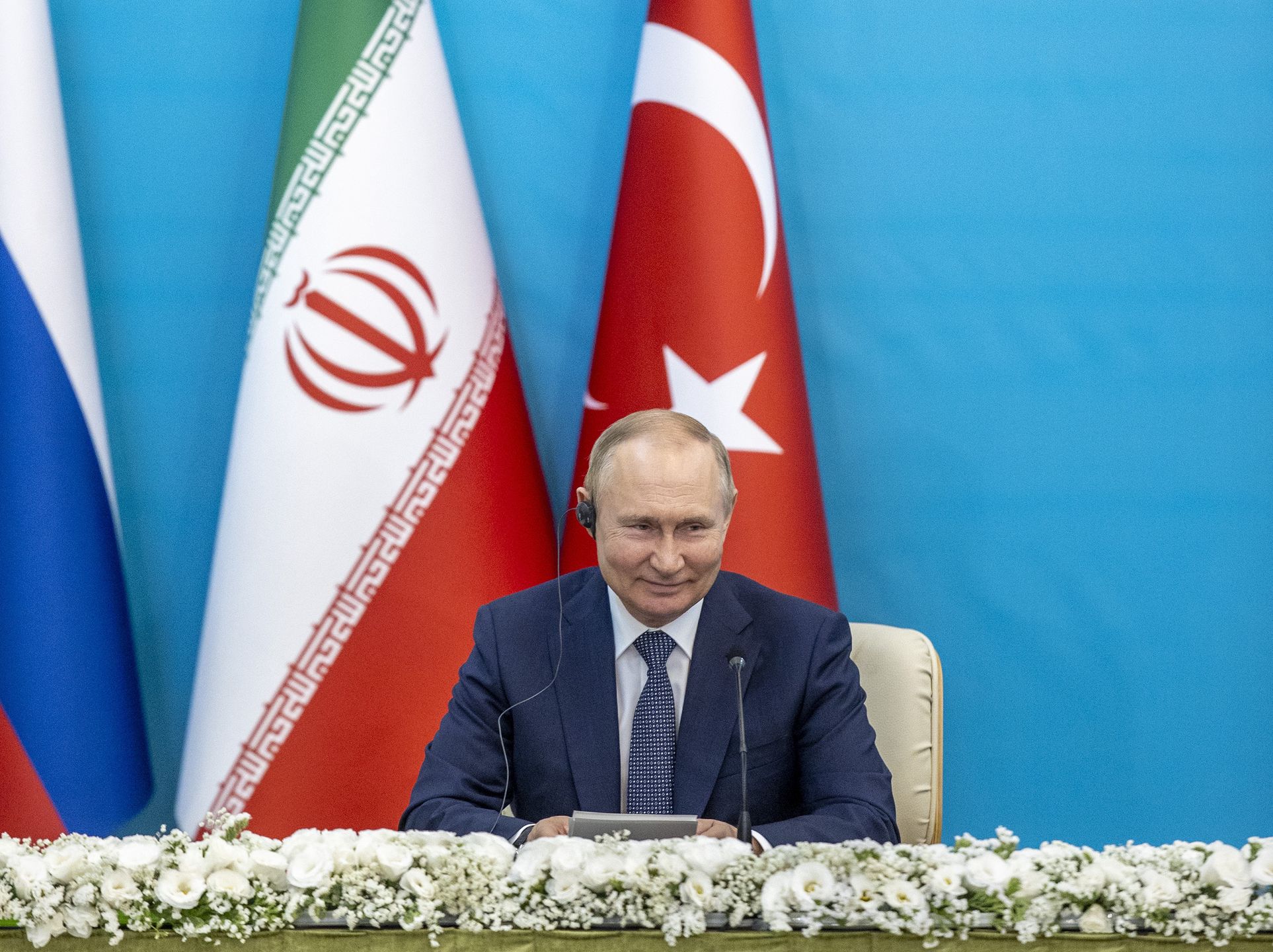 Turkiye-Iran-Russia Trilateral Summit in Tehran
TEHRAN, IRAN - JULY 19: Turkish President Recep Tayyip Erdogan (not seen), Iranian President Ebrahim Raisi (not seen) and Russian President Vladimir Putin hold a joint tripartite news conference after the 7th summit in Astana format in Tehran, Iran on July 19, 2022. (Photo by Ali Balikci/Anadolu Agency via Getty Images)
Anadolu Agency
iranian president ebrahim raisi, russian president vladimir putin, turkish president recep tayyip erdogan, turkiye-iran-russia trilateral summit