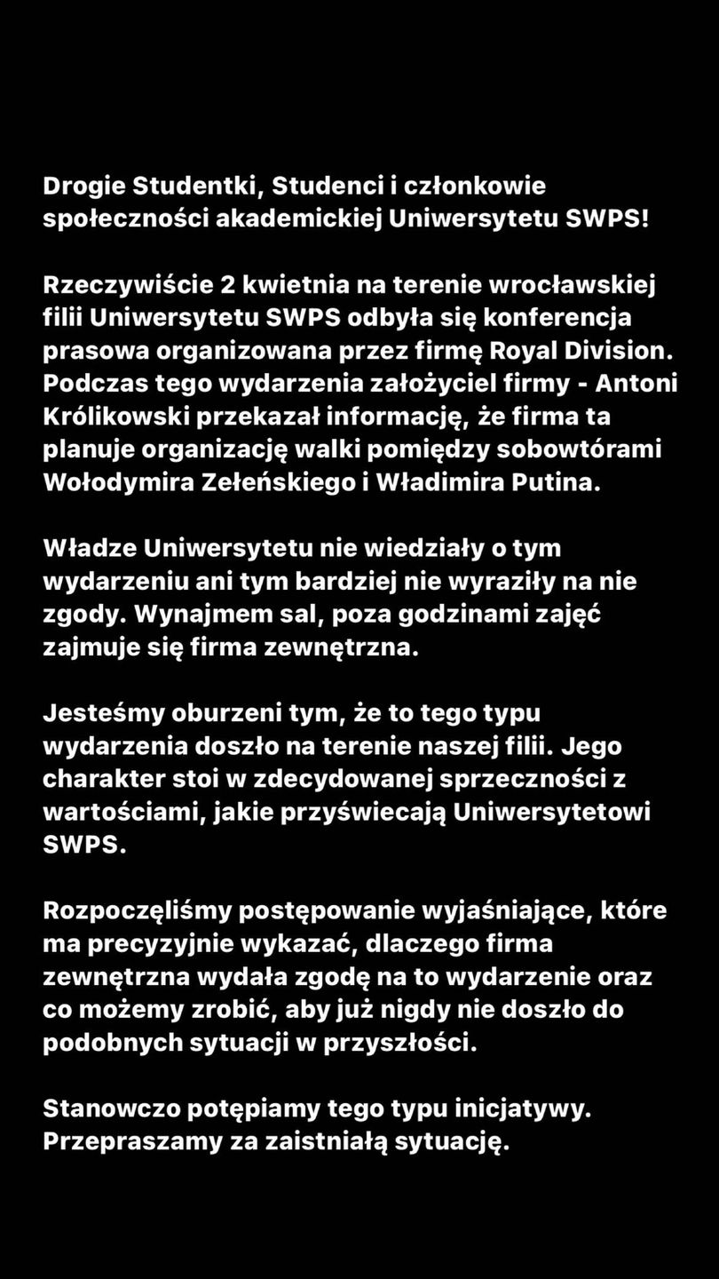 Uniwersytet SWPS potępia Antka Królikowskiego 