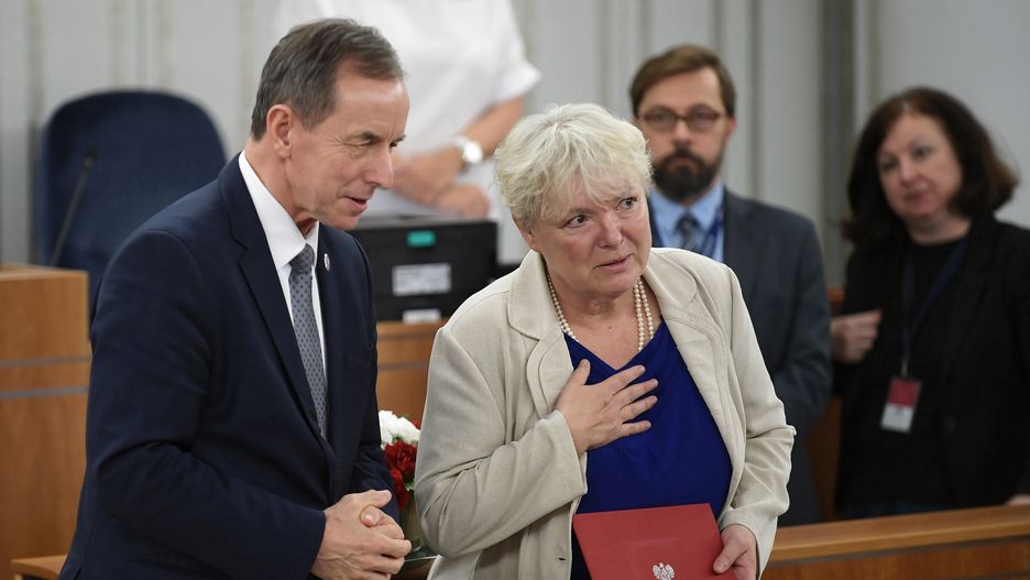 Marszałek Senatu Tomasz Grodzki i sędzia w stanie spoczynku Agnieszka Rękas 