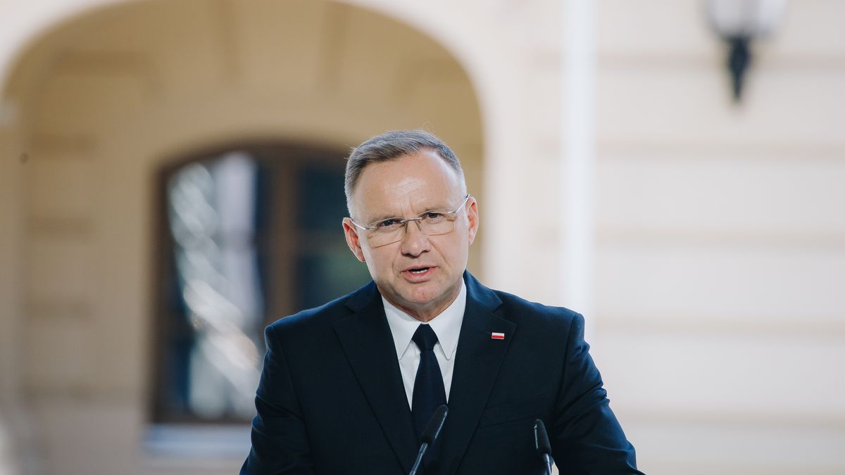 KYIV, UKRAINE - AUGUST 24: Andrzej Duda, President of Poland, speaks during a joint briefing on the 33rd anniversary of the independence of Ukraine on August 24, 2024 in Kyiv, Ukraine.  On August 24, Ukraine celebrates its 1991 declaration of independence from the USSR. For security reasons, no large mass events were held in Kyiv on this day, except some solemn activities. (Photo by Valentyna Polishchuk/Global Images Ukraine via Getty Images)