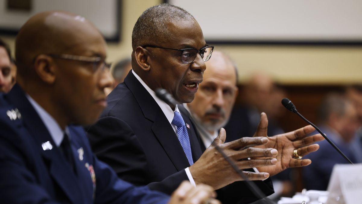 WASHINGTON, DC - APRIL 30: (L-R) Chairman of the Joint Chiefs of Staff Gen. Charles Brown Jr., Defense Secretary Lloyd Austin and Under Secretary of Defense Comptroller Mike McCord testify before the House Armed Services Committee in the Rayburn House Office Building on Capitol Hill on April 30, 2024 in Washington, DC. The Department of Defense leaders testified about the Pentagon's FY2025 budget request. (Photo by Chip Somodevilla/Getty Images)