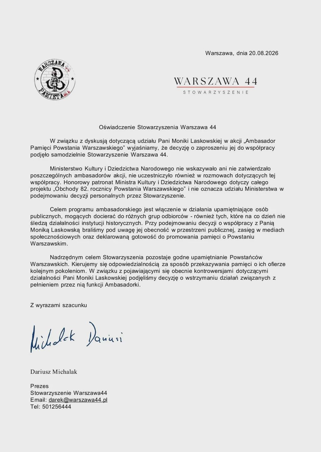 Oświadczenie stowarzyszenia Warszawa 44