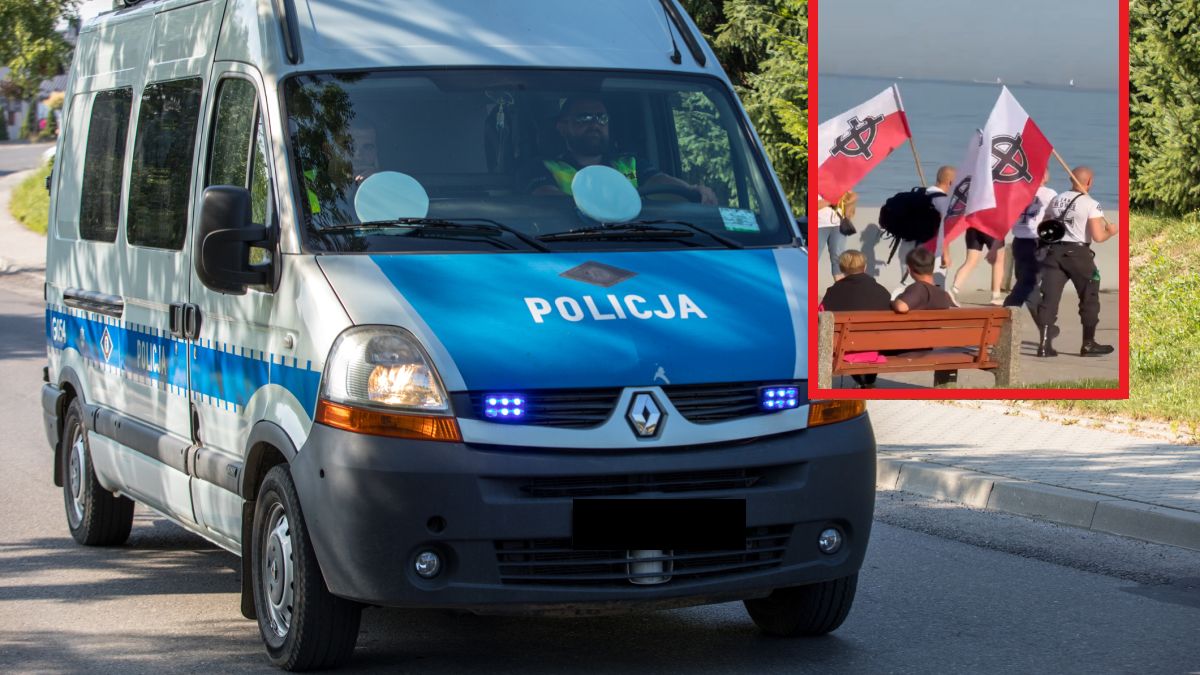 Mężczyźni maszerowali, niosąc flagi z krzyżami celtyckimi