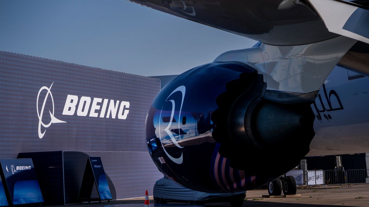 The engine of a Boeing Dreamliner 787-9, operated by Riyadh Air, at the Paris Air Show in Paris, France, on Monday, June 16, 2025. The 55th Paris Air Show runs 16-20 June at Le Bourget airport. Photographer: Nathan Laine/Bloomberg via Getty Images