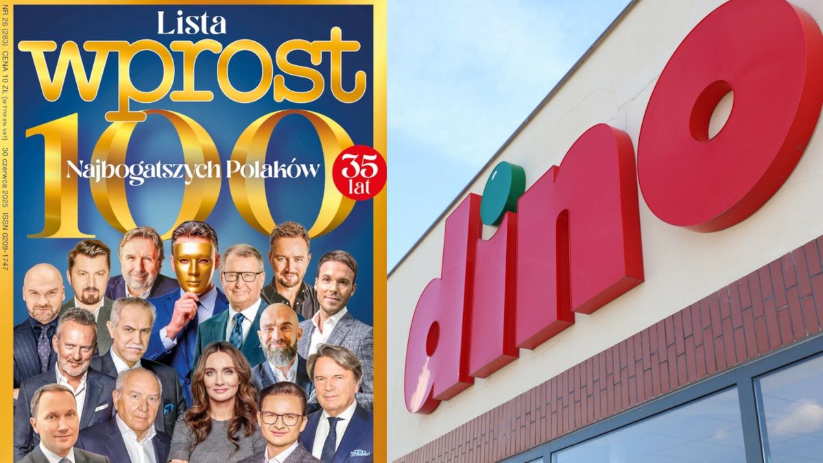 Okładka czasopisma "Wprost" i szyld sklepu Dino