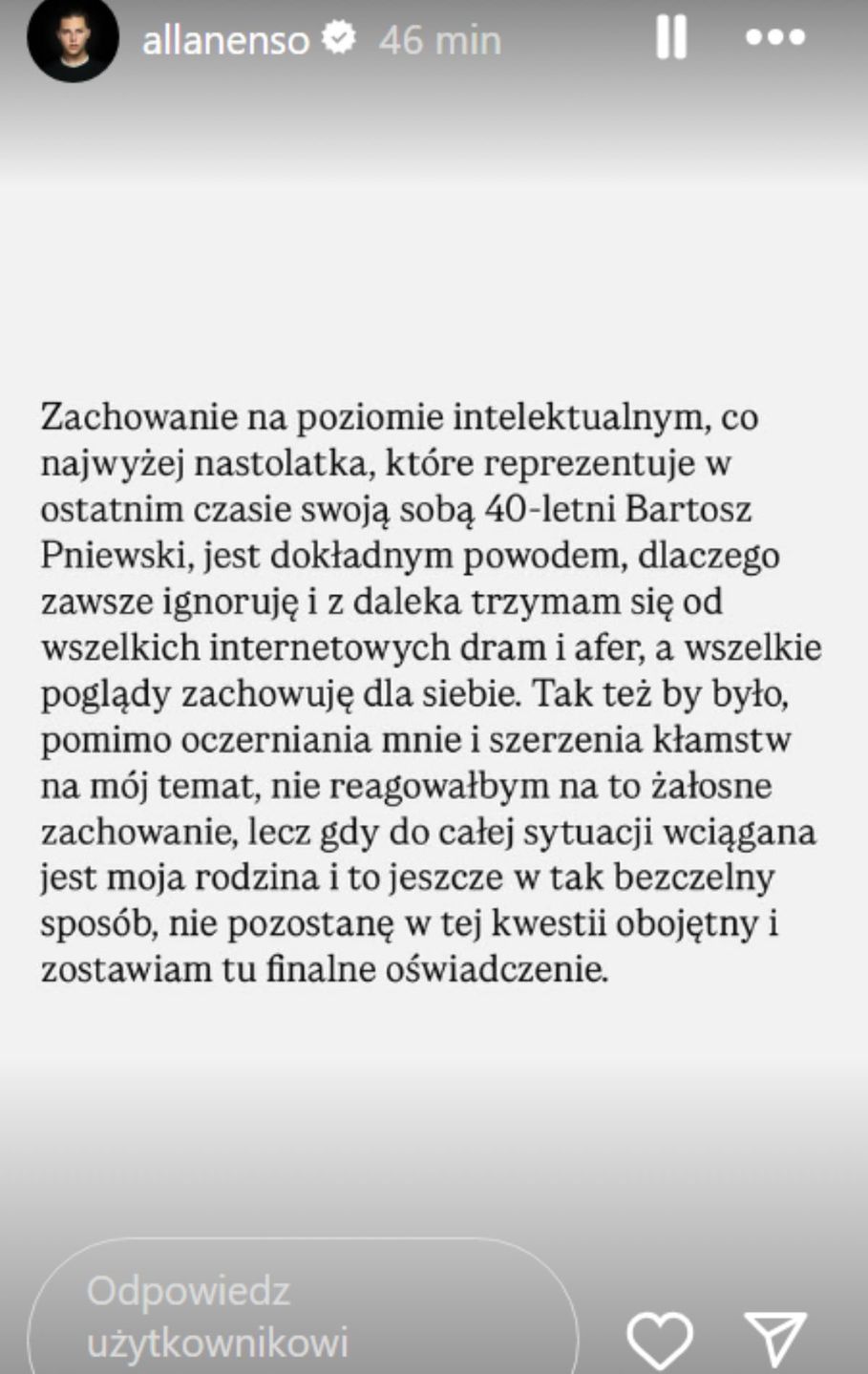 Allan Krupa opublikował oświadczenie 