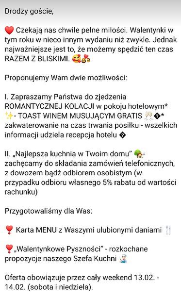 Oferta walentynkowa jednego z podwarszawskich hoteli