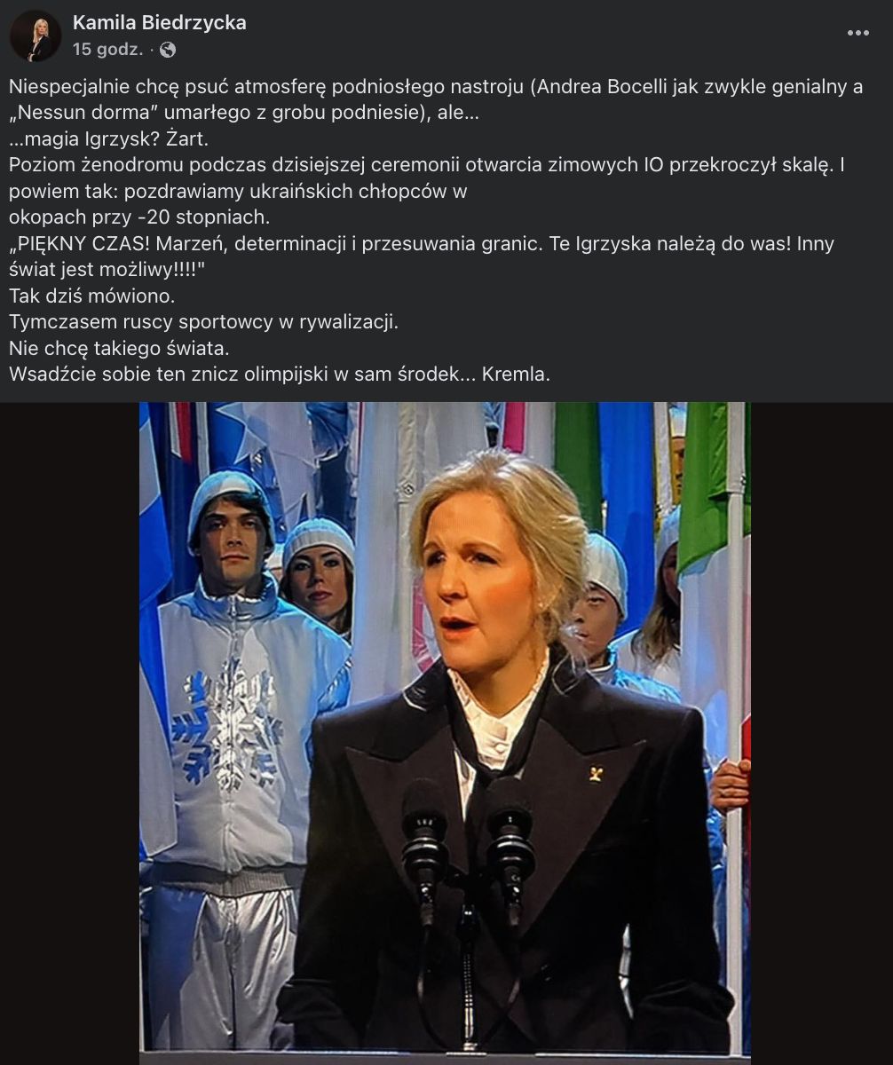 Post Kamili Biedrzyckiej na temat otwarcia IO 2026