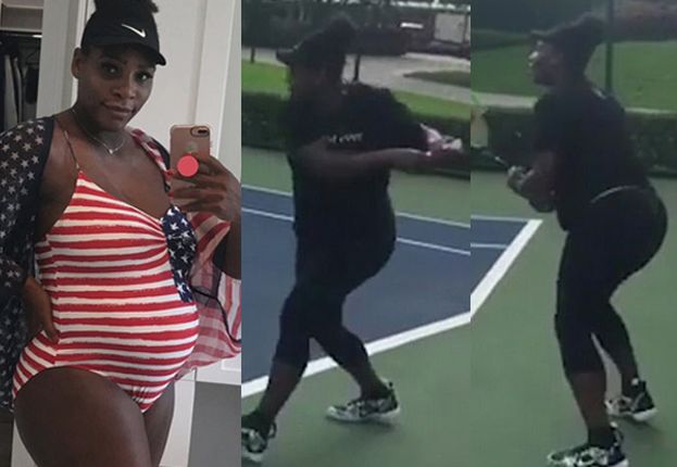 Serena Williams w siódmym miesiącu ciąży (!) skacze za piłką na korcie tenisowym!