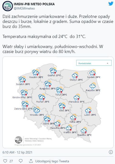 Na terenie Polski występuje umiarkowane i duże zachmurzenie. Należy spodziewać się również opadów deszczu i burz 