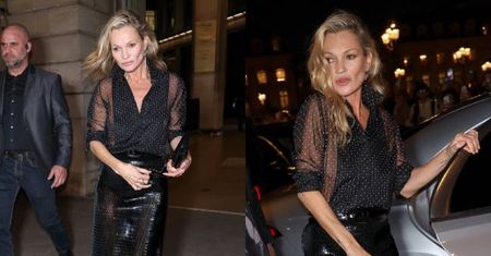 Odziana w przezroczystą koszulę Kate Moss zmierza na pokaz Toma Forda w Paryżu (ZDJĘCIA)