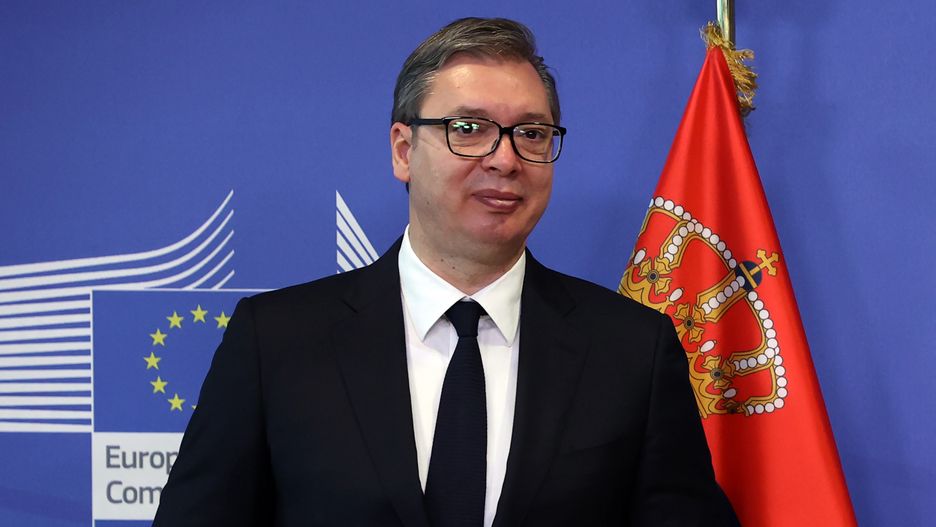 BRUSSELS, BELGIUM - APRIL 26: Serbian President Aleksandar Vucic is seen during joint press conference with European Commission President Ursula von der Leyen (not seen) in Brussels, Belgium on April 26, 2021. (Photo by Dursun Aydemir/Anadolu Agency via Getty Images)