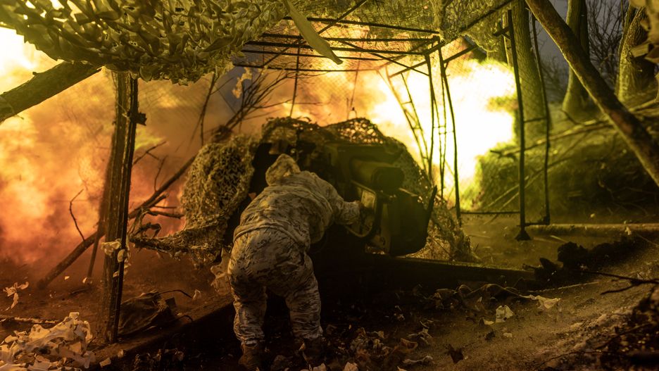 DONETSK OBLAST, UKRAINE - NOVEMBER 23: A Ukrainian soldier of the 80th brigade fires artillery as Russia-Ukraine war continues in the direction of Bakhmut, Ukraine on November 23, 2023. (Photo by Diego Herrera Carcedo/Anadolu via Getty Images)