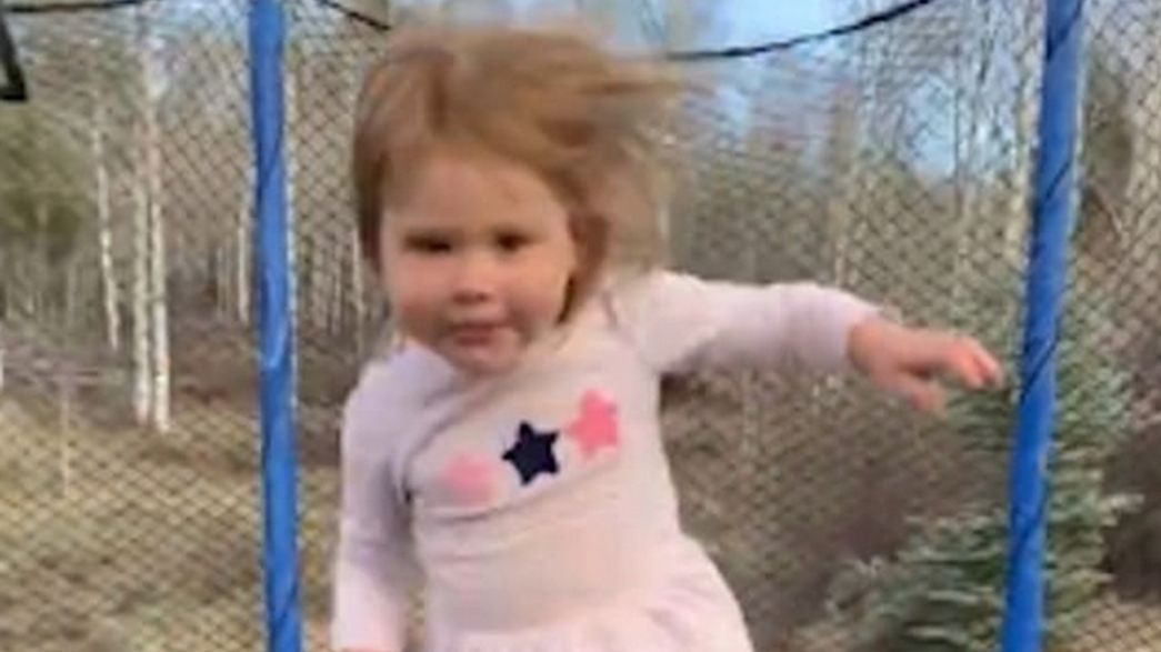 Pies skakał z dzieckiem na trampolinie