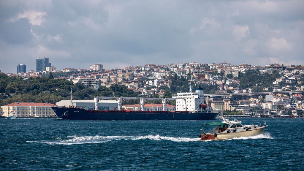 Statek Razoni pod banderą Sierra Leone, przewożący ponad 26 tys. ton kukurydzy opuszcza Stambuł