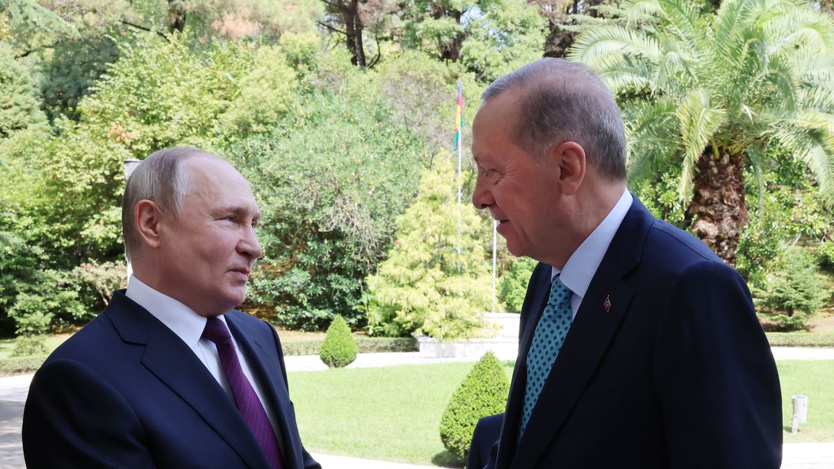 SOCHI, RUSSIA - SEPTEMBER 04: Turkish President Recep Tayyip Erdogan (R) meets Russian President Vladimir Putin (L) in Sochi, Russia on September 04, 2023. (Photo by Murat Kula/Anadolu Agency via Getty Images)