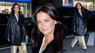 Katie Holmes daje lekcję stylu na ulicach Nowego Jorku w OLBRZYMICH spodniach w kolorze szampana (ZDJĘCIA)