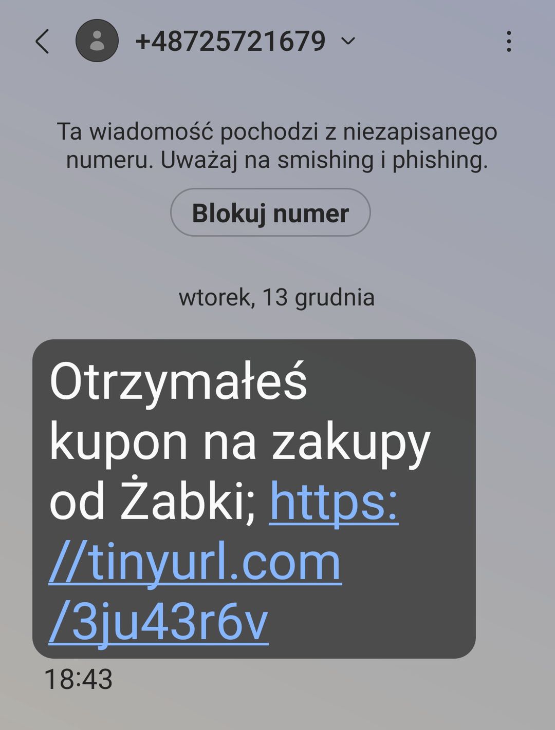 Fałszywy SMS o kuponie do Żabki