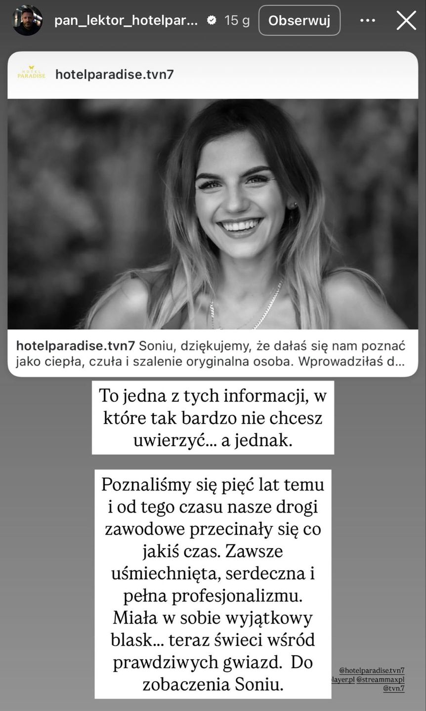 Lektor z "Hotelu Paradise" żegna Sonię Szklanowską