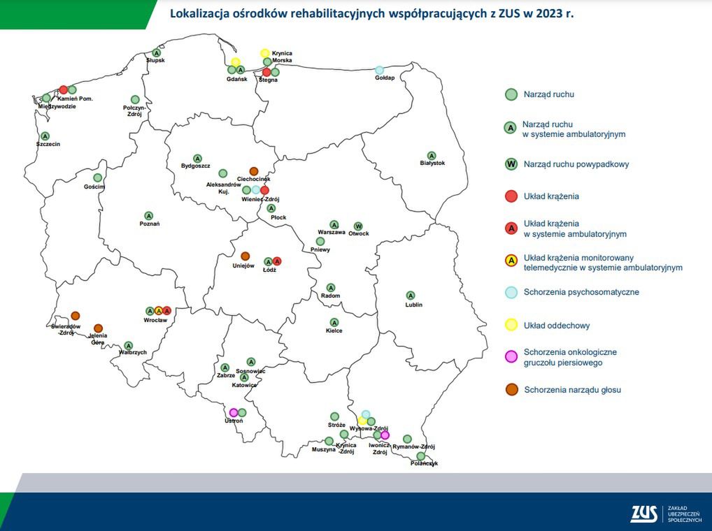 Screen mapy z ośrodkami rehabilitacyjnymi współpracujących z ZUS