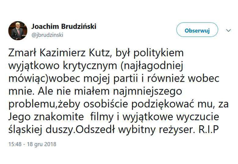 Joachim Brudziński opłakuje Kazimierza Kutza