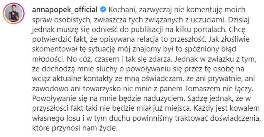 Anna Popek odcina się od Tomasza Krupy 