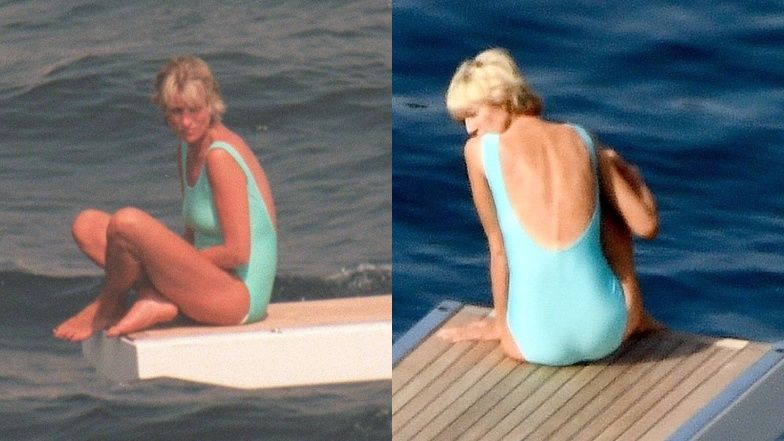 Po lewej księżna Diana na wakacjach w 1997 roku; po prawej Elizabeth Debicki na planie "The Crown"