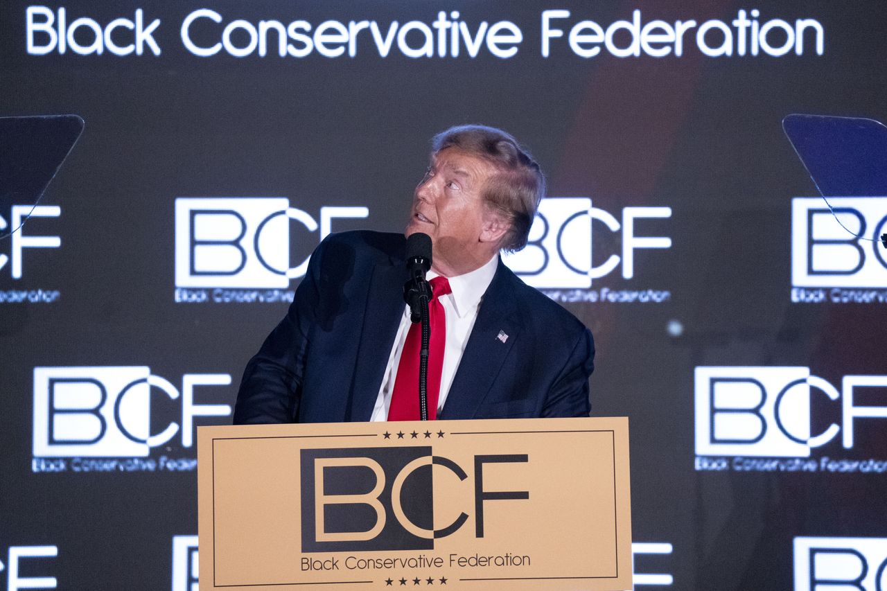 COLUMBIA, SOUTH CAROLINA - FEBRUARY 23: Former U.S. President Donald Trump speaks during the Black Conservative Federation Gala on February 23, 2024 in Columbia, South Carolina. Former President Trump is campaigning in South Carolina ahead of the state’s Republican presidential primary on February 24. (Photo by Sean Rayford/Getty Images)