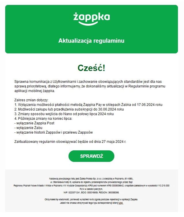 E-mail, który trafia do klientów Żabki