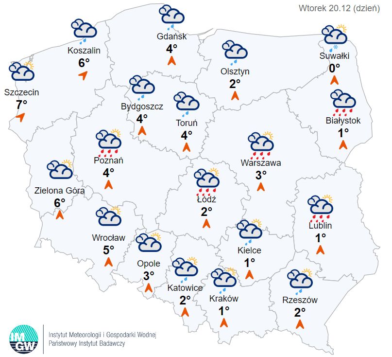 mapa pogody na wtorek, 20 grudnia