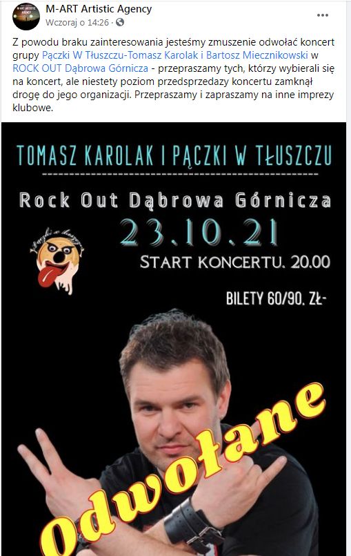 Koncert Tomasza Karolaka został odwołany z powodu "braku zainteresowania" 