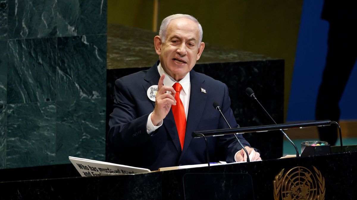 NEW YORK, NEW YORK - SEPTEMBER 23: Prime Minister of Israel Benjamin Netanyahu speaks during the 80th session of the UN’s General Assembly (UNGA) at the United Nations headquarters on September 26, 2025 in New York City. World leaders convened for the 80th Session of UNGA, with this year’s theme for the annual global meeting being “Better together: 80 years and more for peace, development and human rights.”  (Photo by Taylor Hill/Getty Images)