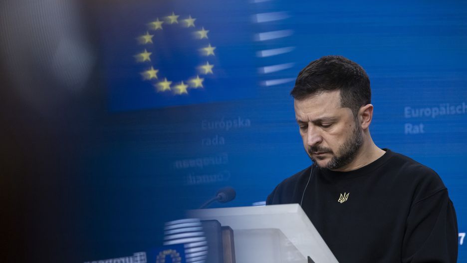 President of Ukraine Volodymyr Zelenskyy addresses a press conference during his visit at the European Council Summit, the EU leaders meeting at the headquarters of the European Union. The Ukrainian President responded to questions from journalists of international media, focusing on the victory plan and NATO. Brussels, Belgium on October 17, 2024 (Photo by Nicolas Economou/NurPhoto via Getty Images)
